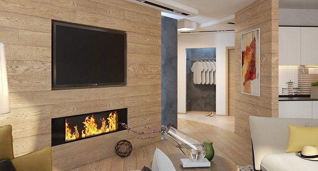 Pared de madera con chimenea