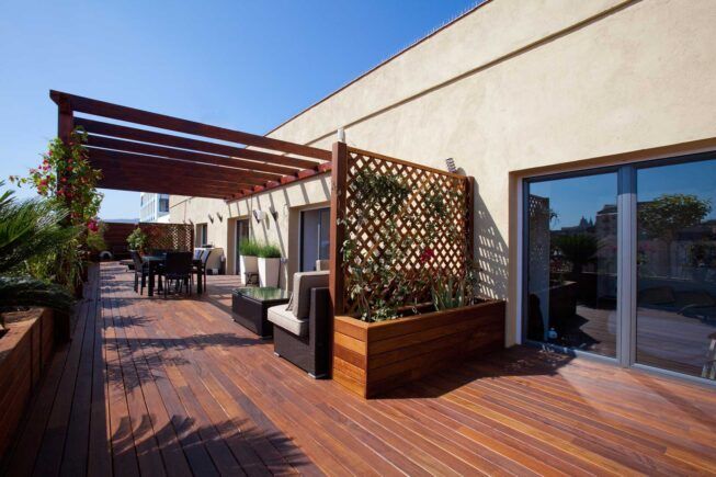 Terraza con naturaleza y elementos arquitectónicos